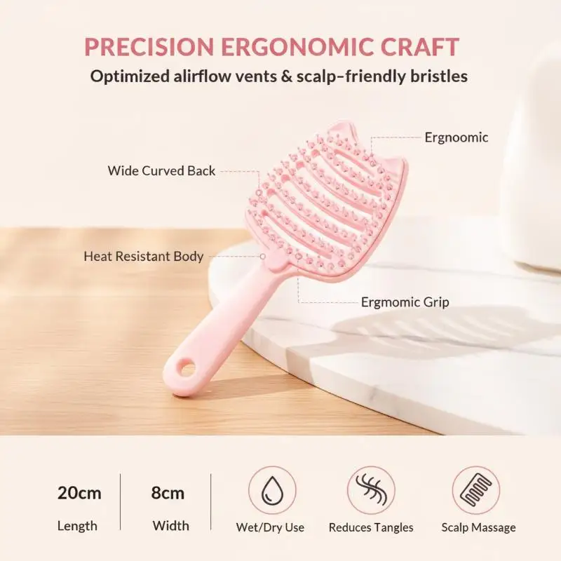 Cute Cat Ear Detangling Hair Brush Self Cleaning Soft Bristles for Professional Salon Home Hair Grooming Use