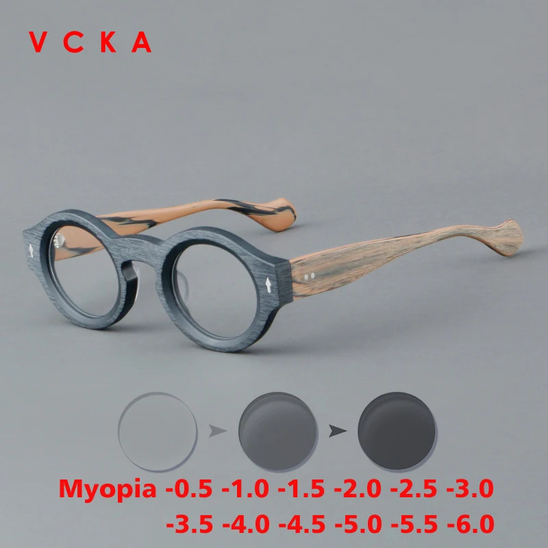 VCKA Round Acetate Myopia Anti-blue Discolor Glasses Vintage Men Prescription Intensification Custom Optics Eyewear -0.50 to -10