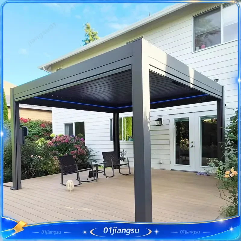 Heavy Duty Motorized Bioclimatic Pergola Aluminum Louvered Roof LED Lights Waterproof Outdoor Gazebo Garden Deck Patio Canopy