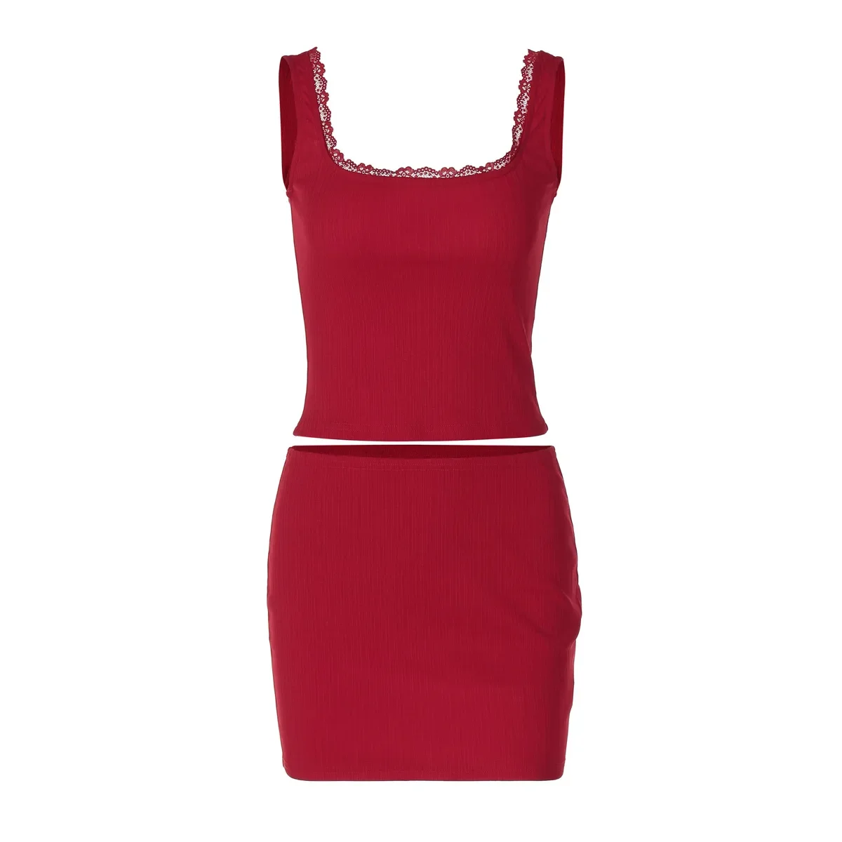 Autumn Popular Women's Clothing Lace Suspender Square Neck Spice Girl Top Solid Color Hip Skirt Set Vestido Robe Femme Été