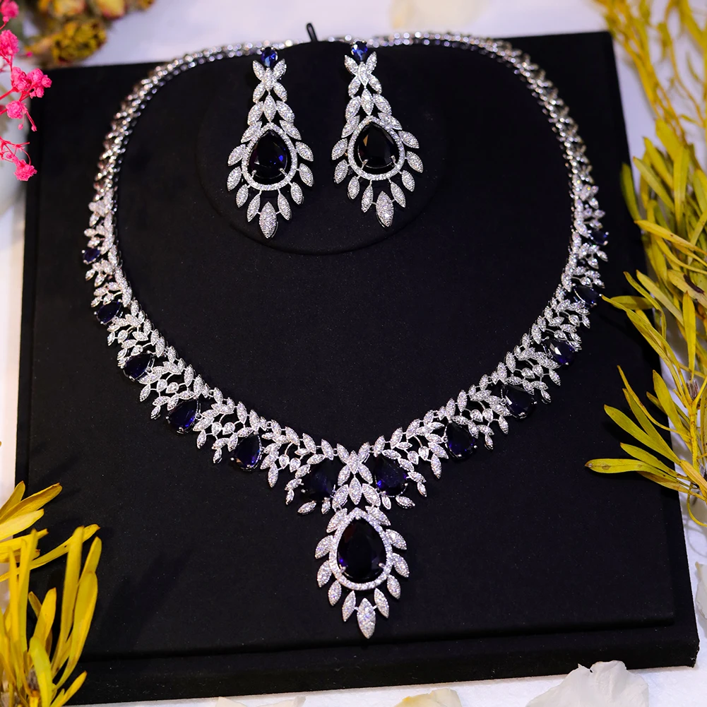 New Bridal Red and Green Colors Cubic Zirconia Necklace Sets For Women Party Luxury Dubai Nigeria CZ Crystal Wedding Jewelry Set