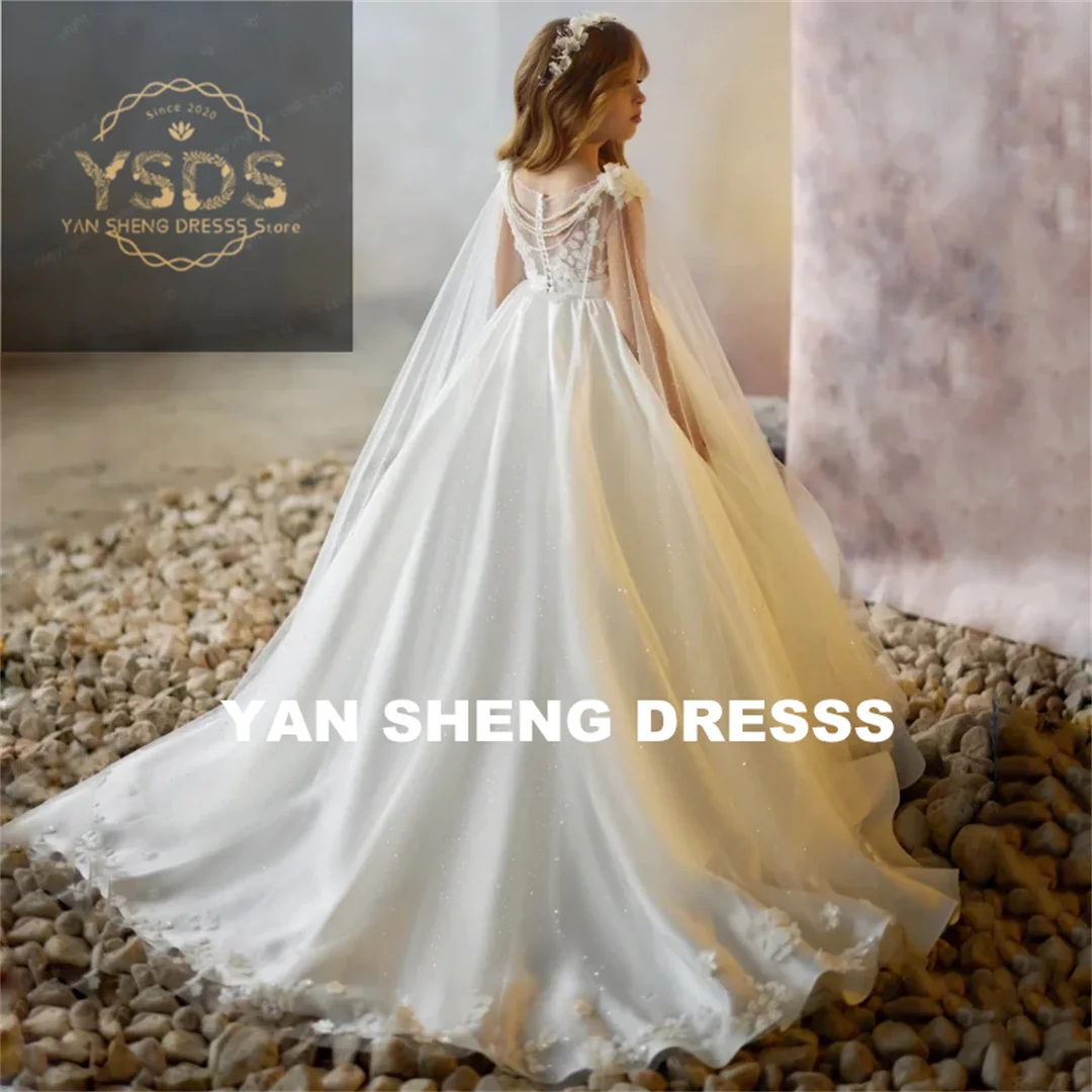 

Customized White Satin Flory Appliques Sleeveless Flower Girl Dresses For Wedding Birthday Party Holy Communion Banquet Gowns