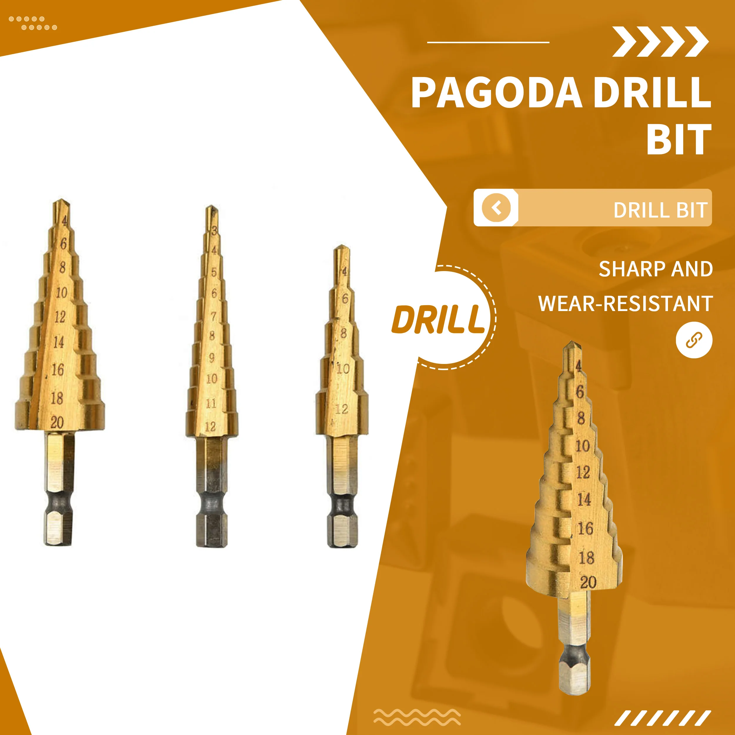 

3-12mm 4-12mm 4-20mm HSS Straight Groove Step Drill Bit Titanium Coated Wood Metal Hole Core Drilling Tool Pagoda drill 3Pcs/Set