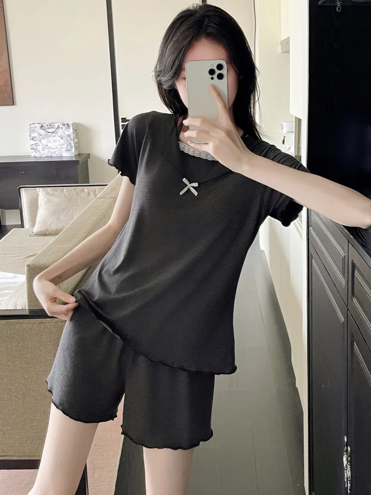 

2026 Summer Casual Women Pajamas Korean Style Lace Spliced Bow Short Sleeve Tops with Chest Pads Shorts Thin Fashion Homewear