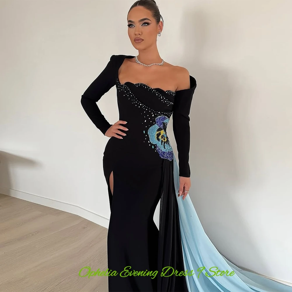 Simple Jersey Long Sleeves Evening Dresses Luxury Colorful Beaded Customized Party Dresses Classic Panel Train Prom Gowns image 6