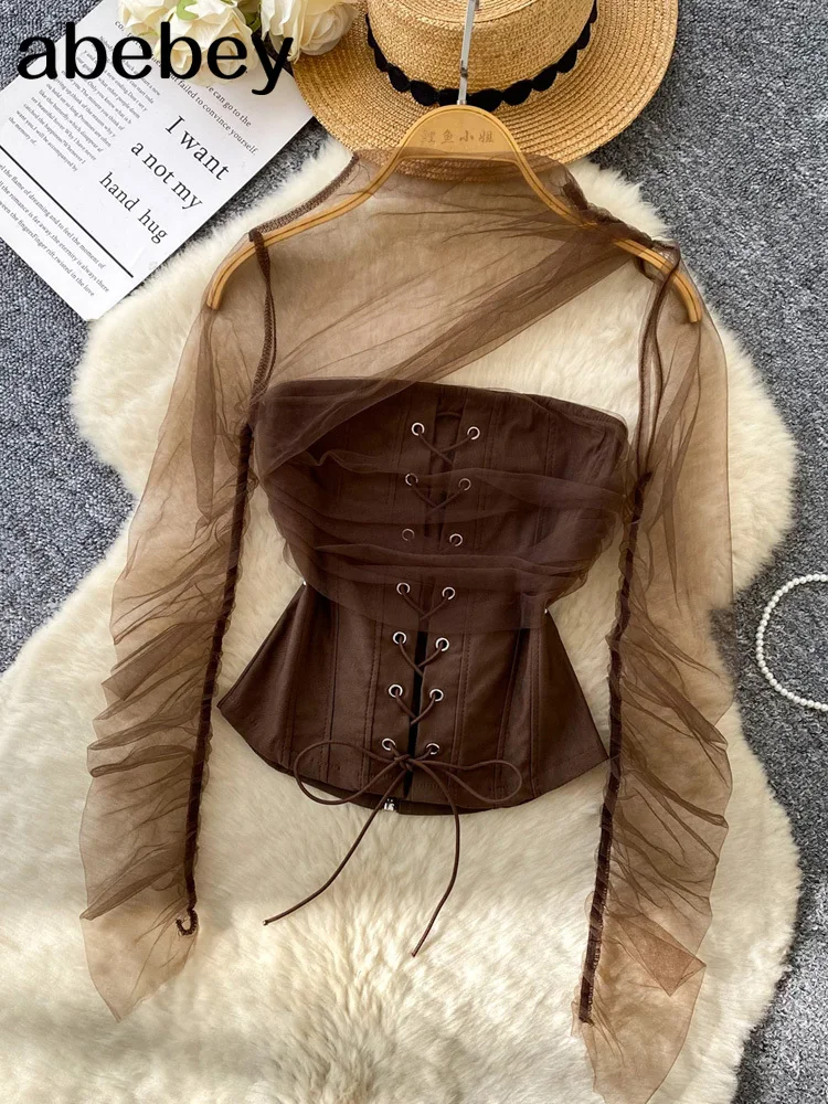 

2026 Новая осенняя блузка без бретелек с длинными прозрачными рукавами, женская сетчатая сексуальная короткая блузка, уличная одежда, милый корсет на шнуровке, винтажный топ