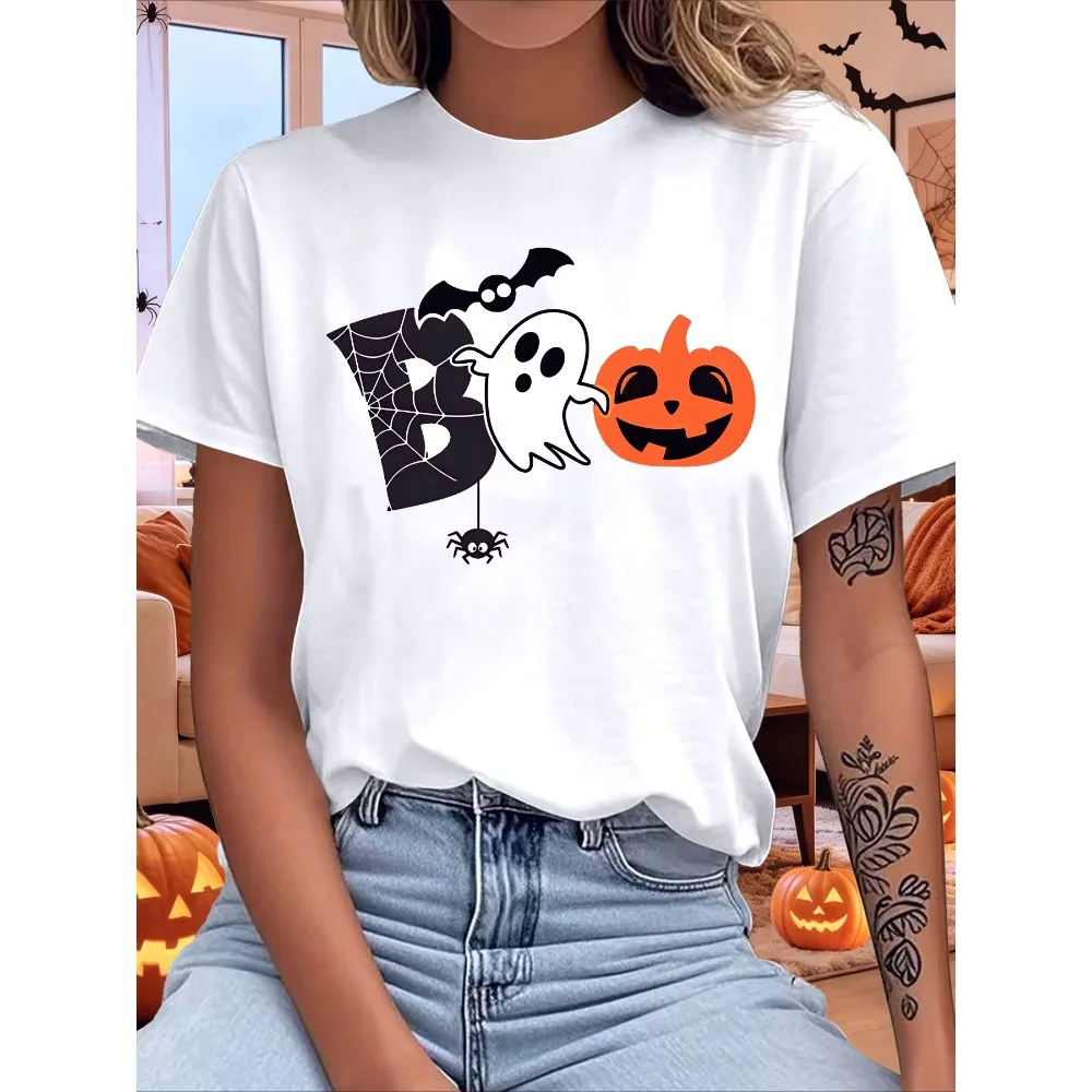 Cute Boo Ghost Pumpkin Bat Spider Web Halloween Cartoon Art Print Women's Oversized T-shirt Ladies Y2k Crew Neck Casual Tee Tops