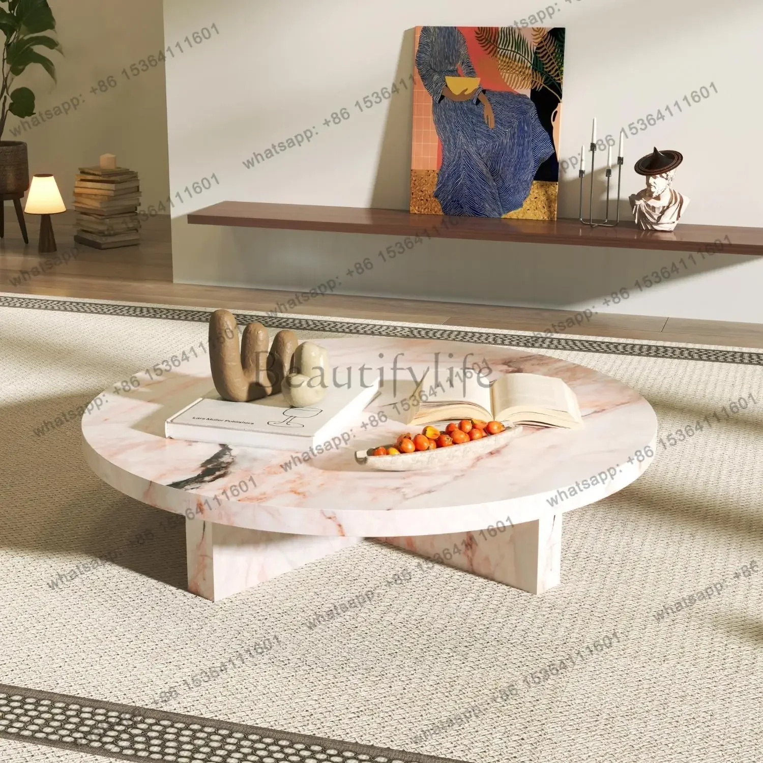 Pink Jade Round Coffee Table, Large Living Room Luxury Stone Side Table, Heat & Scratch Resistant, Master Design, Customizable