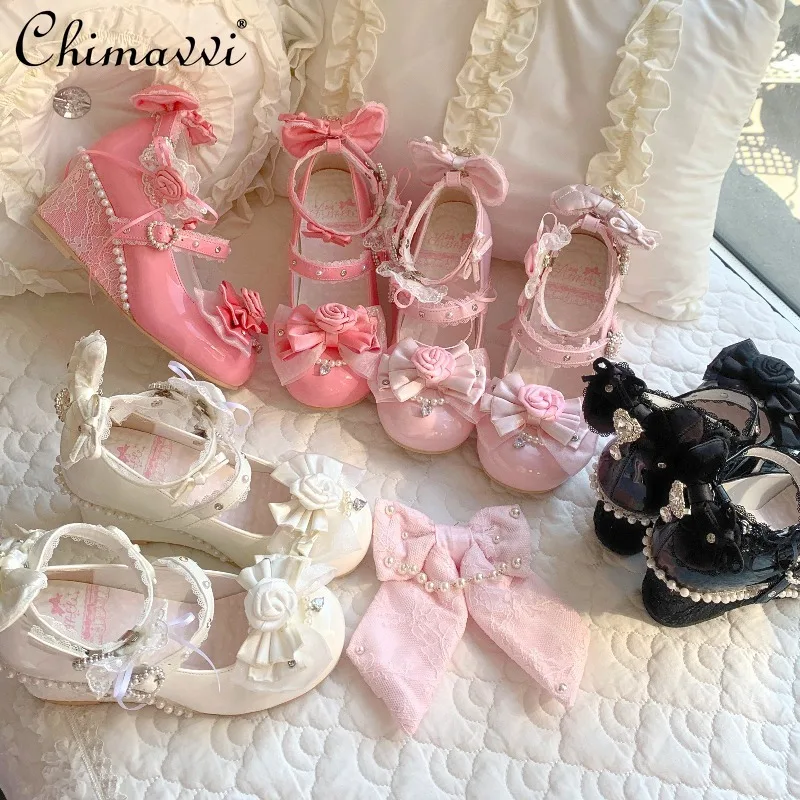 

Original Wedding Gorgeous Bow Elegant Sweet Wedge Lolita Shoes Heavy Pearl Lace Bow Cute Girl Lady Princess High Heel Pumps