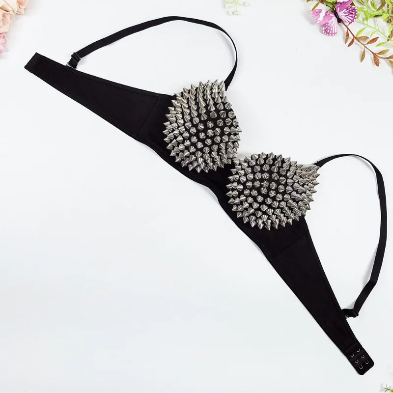 Punk Gothic Push Up Bralette – Stříbrný nýtovaný spodní díl podprsenky pro ženy, sexy styl pro noční klub a párty - náhled 3