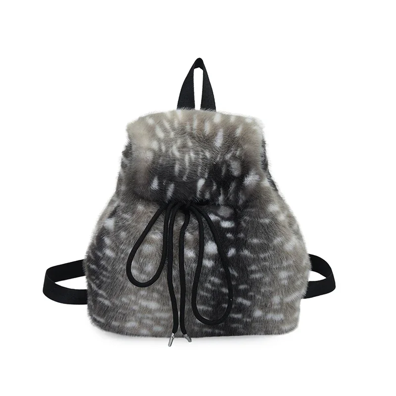 Fashion Winter Fluffy Faux Fur Sweet Backpack Hot Sale Soft Plush Small Women's Backpack Leopard Print Drawstring Bucket Bags