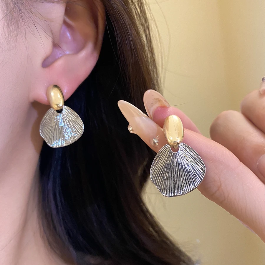 Gold-color  Fan Shaped Drop Earrings With Textured Surface Minimalist Elegant Versatile Daily Wear For Women