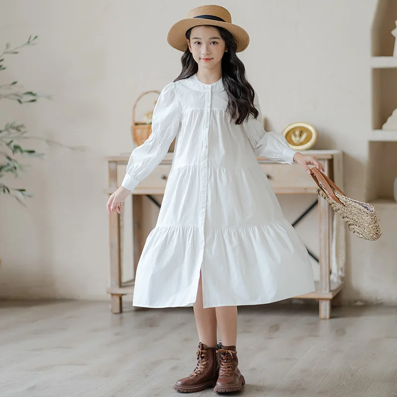 2026 winter spring Dresses White kid baby party princess Girls Long button layered Teenager T-SHIRT dress 4 8 to 10 12 14 Years