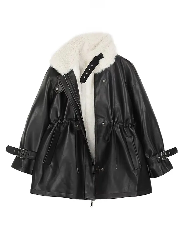 Mauroicardi Autumn Winter Loose Thickened Warm Black Pu Leather Jacket Women with Faux Fur Inside and Collar Furry Parka 2025
