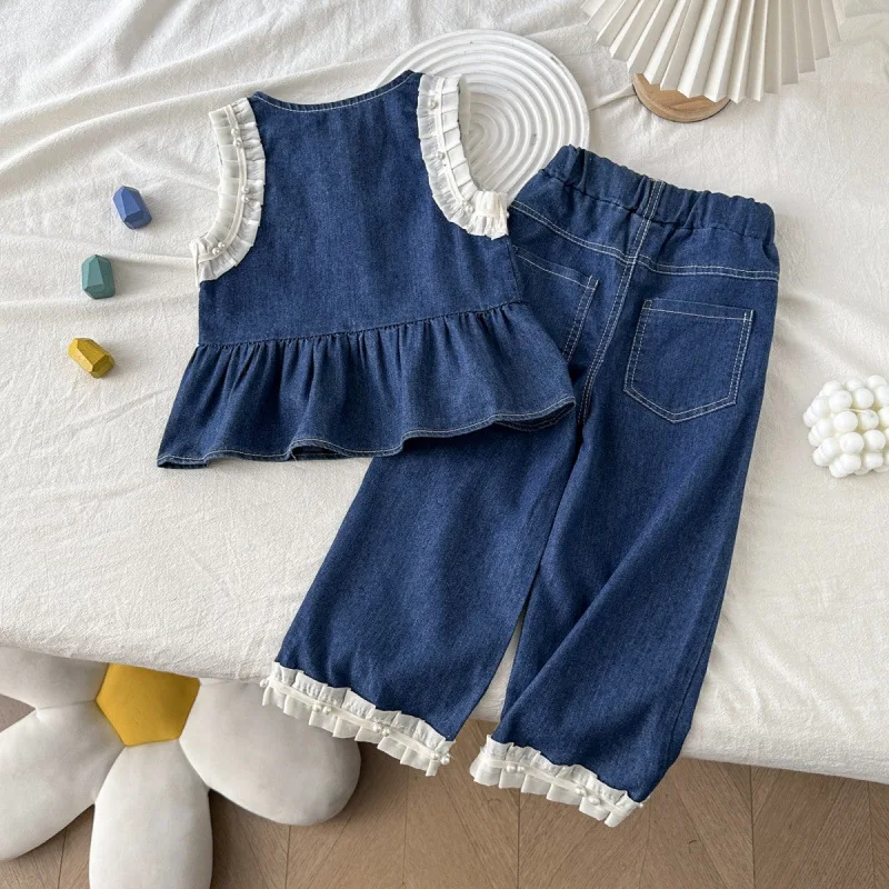 

Children's Set New Summer Girl Cute Stylish Denim Vest Lace Wide-Leg Pants Two-Piece Set