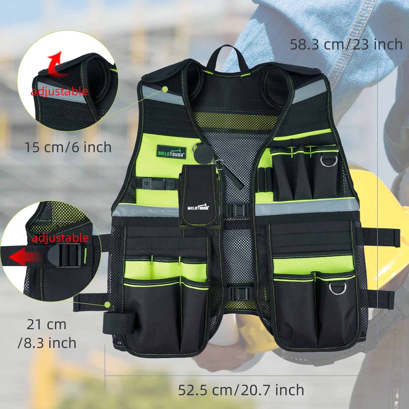 Gilet per attrezzi MELOTOUGH gilet riflettente per attrezzi di sicurezza con supporto per telefono rimovibile per elettricista, carpentiere,