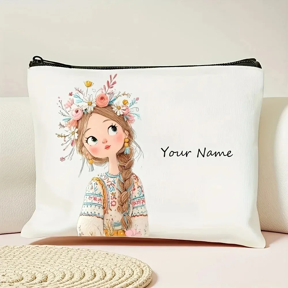 Personalisierte Vintage Kosmetiktasche mit süßem Mädchenmuster, Schminktasche, Federmäppchen, Geschenk für die Feiertage – Detail 3