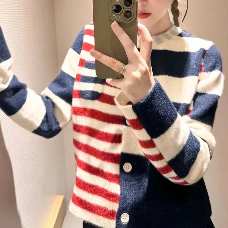 Japanese Knitted Sweater Retro College Wind Blue Red Contrast Stripe Round Neck Asymmetric Cardigan Small Fragrant Sweater Women