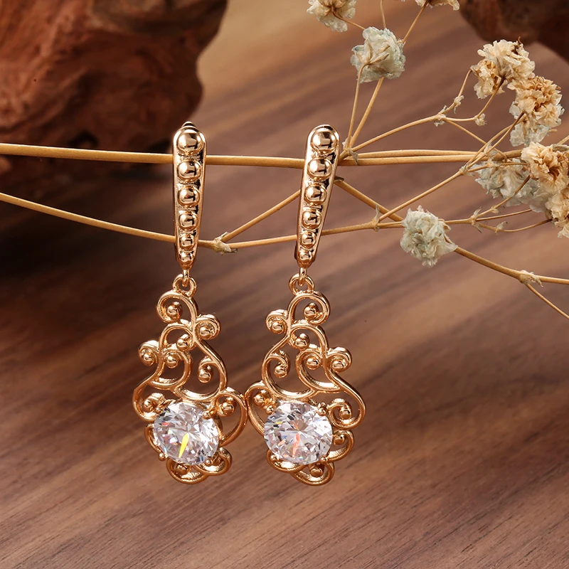 Wbmqda Vintage Ethnic Long Drop Earrings For Women 585 Rose Gold Color With White Natural Zircon Wedding Party Classic Jewelry