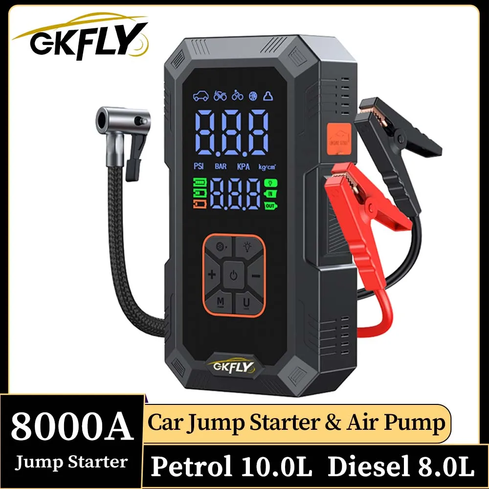 GKFLY 8000A Car Jump Starter 150PSI Air Compressor 4-in-1 12V Booster Power Bank for 10L Gas 8L Diesel SUV Truck