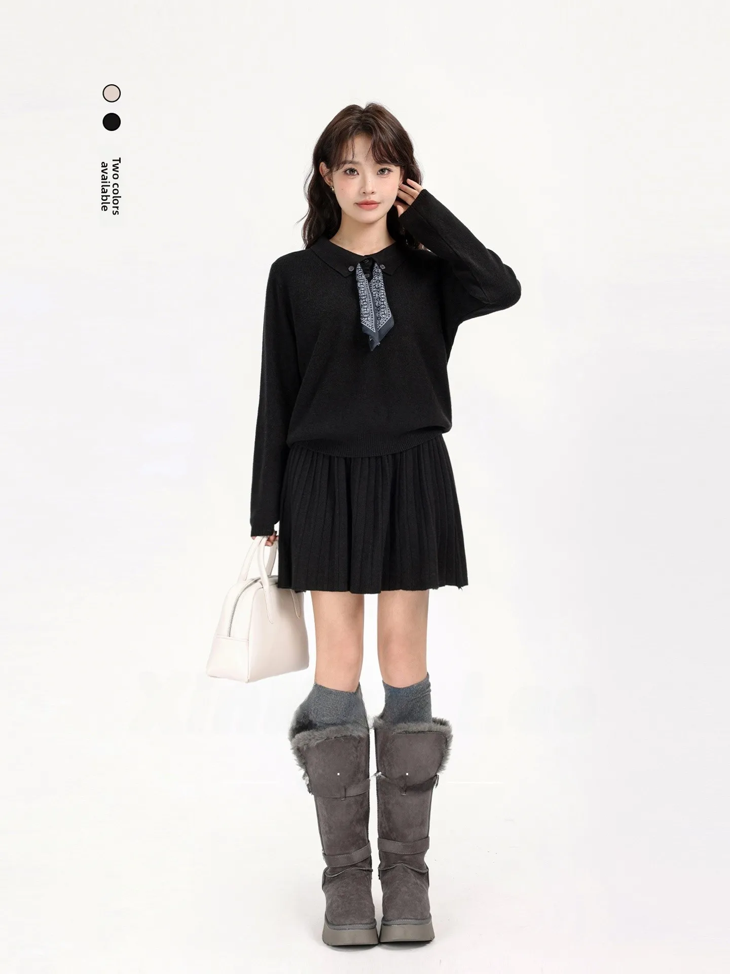 

Sli Ретро Корейский колледж Sle Ne Long Sve Вязаный свитер с плиссированной юбкой Осень Зима Faion En...