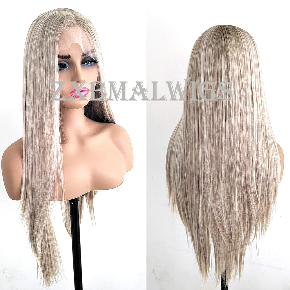 

ZXBMALWIGS Straight Ombre Blonde Highlights Synthetic Lace Front Wigs For Women Lace Frontal Wig Pre Plucked Hairline Baby Hair