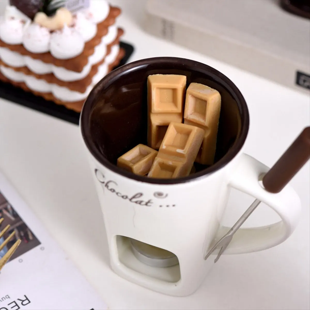 MALL Fondue Mug Set Chocolate Cheese Milk Cream Making Set Single Butter Melter Baking Cup Candlestick Brown