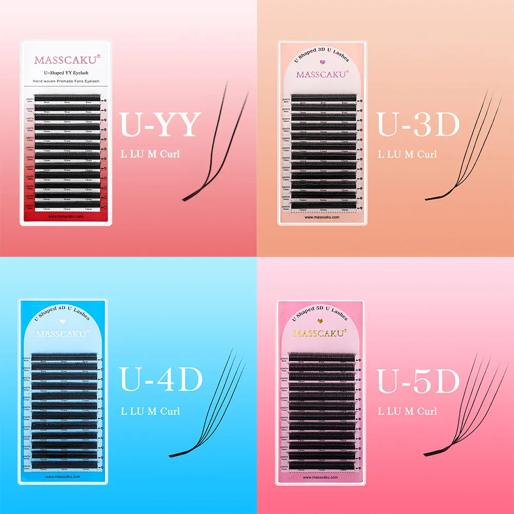 MASSCAKU U-Shaped YY 3D 4D 5D LU/M Curl Mix Length Salon Eyelashes Extensions High Quality Hand-woven Fiber Lashes Extension