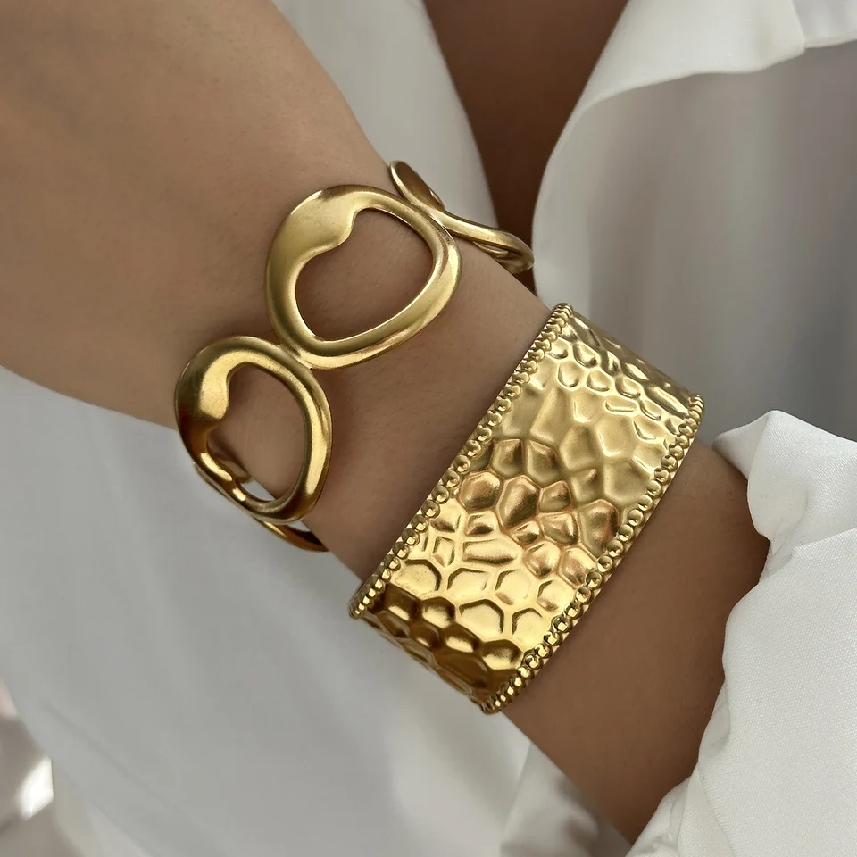 Stainless Steel Multilayer Wave Wide Bangles for Women Gold Color