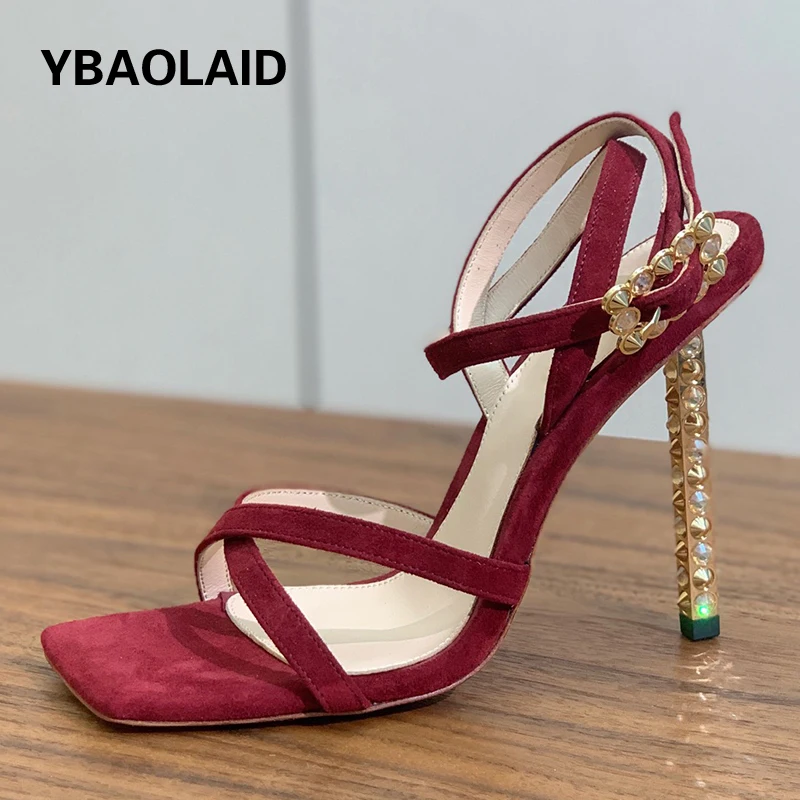 

Summer New Gemstone Studded Thin High Heel Women Sandals Narrow Band Cross Design Square Toe Leopard Sexy Lady Party Shoes 2024