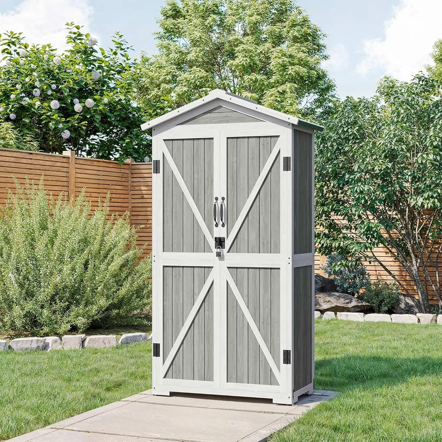 Outdoor Storage Shed with 4 Removeable Shelves, Wooden Garden Outdoor Storage Cabinet Lockable Tool Cabinet with Waterproof Roof