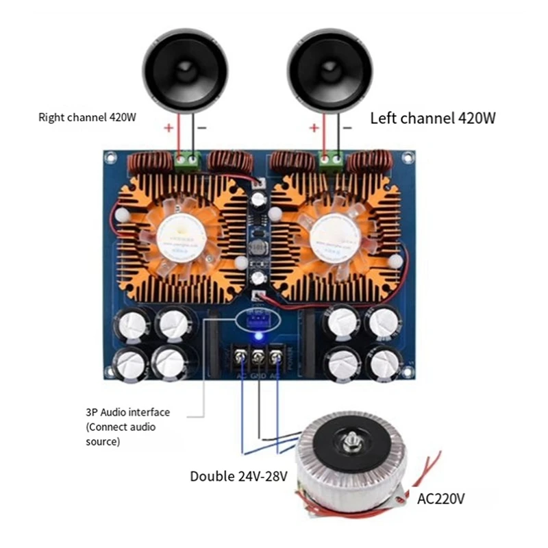 Imagem -05 - Placa Amplificador Digital de Alta Potência com Ventilador Módulo Amplificador de Áudio Fácil de Usar Xh-m254 Tda8954th 420wx2