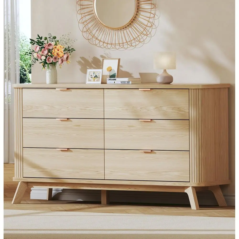 6 Drawer Dresser and Bedroom Set, 55 Century Style Dressers & Chests, Curved Profile Design, TV Stand with Drawers, Oak Wood Sto