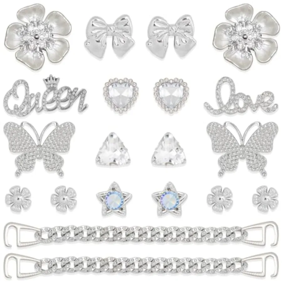 

20 шт. серебряные подвески для обуви, аксессуары-цепочки для женщин, бабочка, цветок, жемчуг, сабо, украшение для обуви, подвески, подвески для обуви со стразами