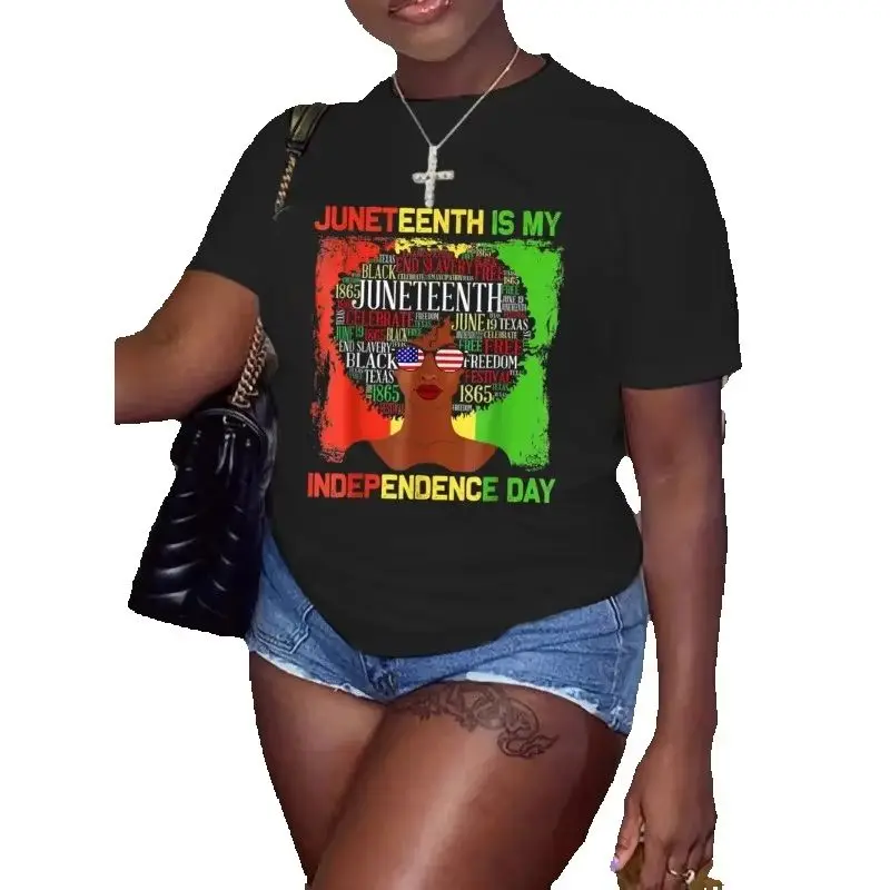 COTTON 100% Women Juneteenth Independence Day Print T‑Shirt, Black History Graphic Tees Casual Short Sleeve O‑Neck Holiday Ladie