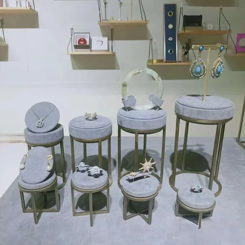 Custom Luxury Handmade Velvet Jewelry Display Stand Set Gray Microfiber LED Light for Store