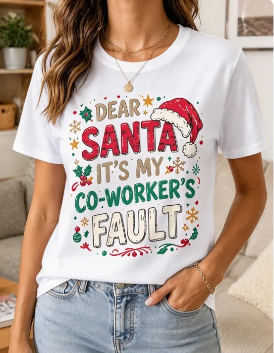 2026 Fashion New Arrival Funny Christmas Coworker Gift T Shirt Women Dear Santa It's My Co-Worker's Fault Slogan Print Black Crew Neck Short Sleeve Holiday Casual Basic T-Shirt