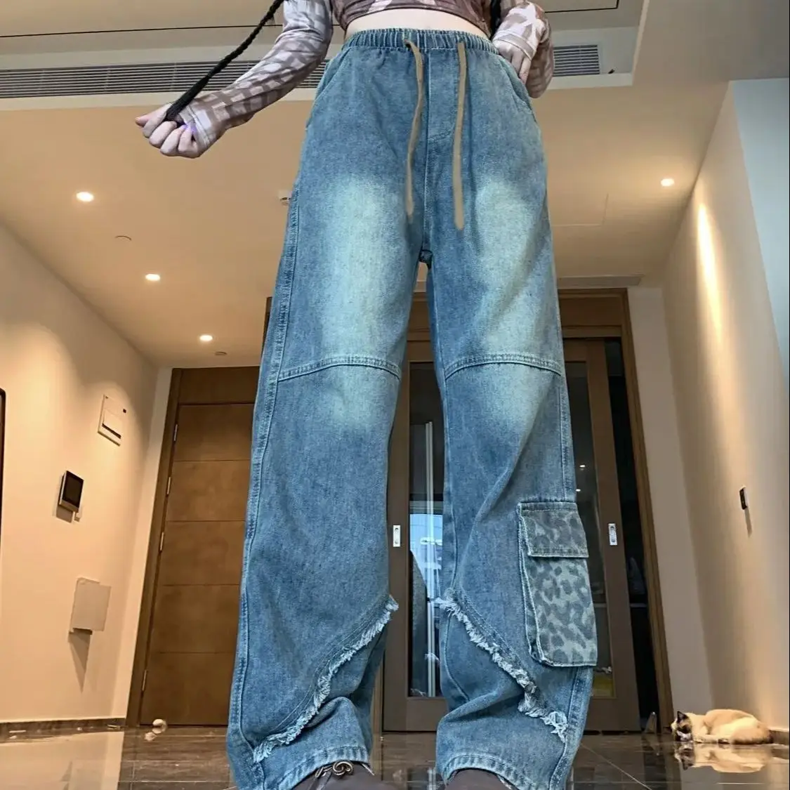 Retro Street Elastic Waist Design Jeans Women Spring Summer 2025 New Loose Casual Versatile Slim Fashionable Wide-Leg Pants