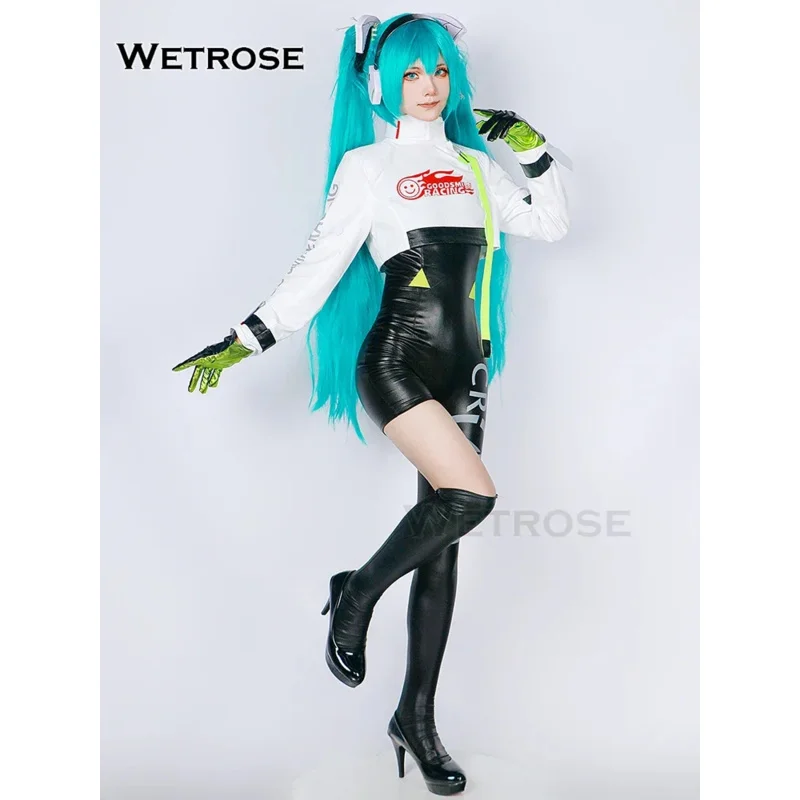 【Wetrose】in stock Miku racer cosplay costume 2022 racing suit anime Full Set Halloween bodysuit jumpsuit PU leather latex