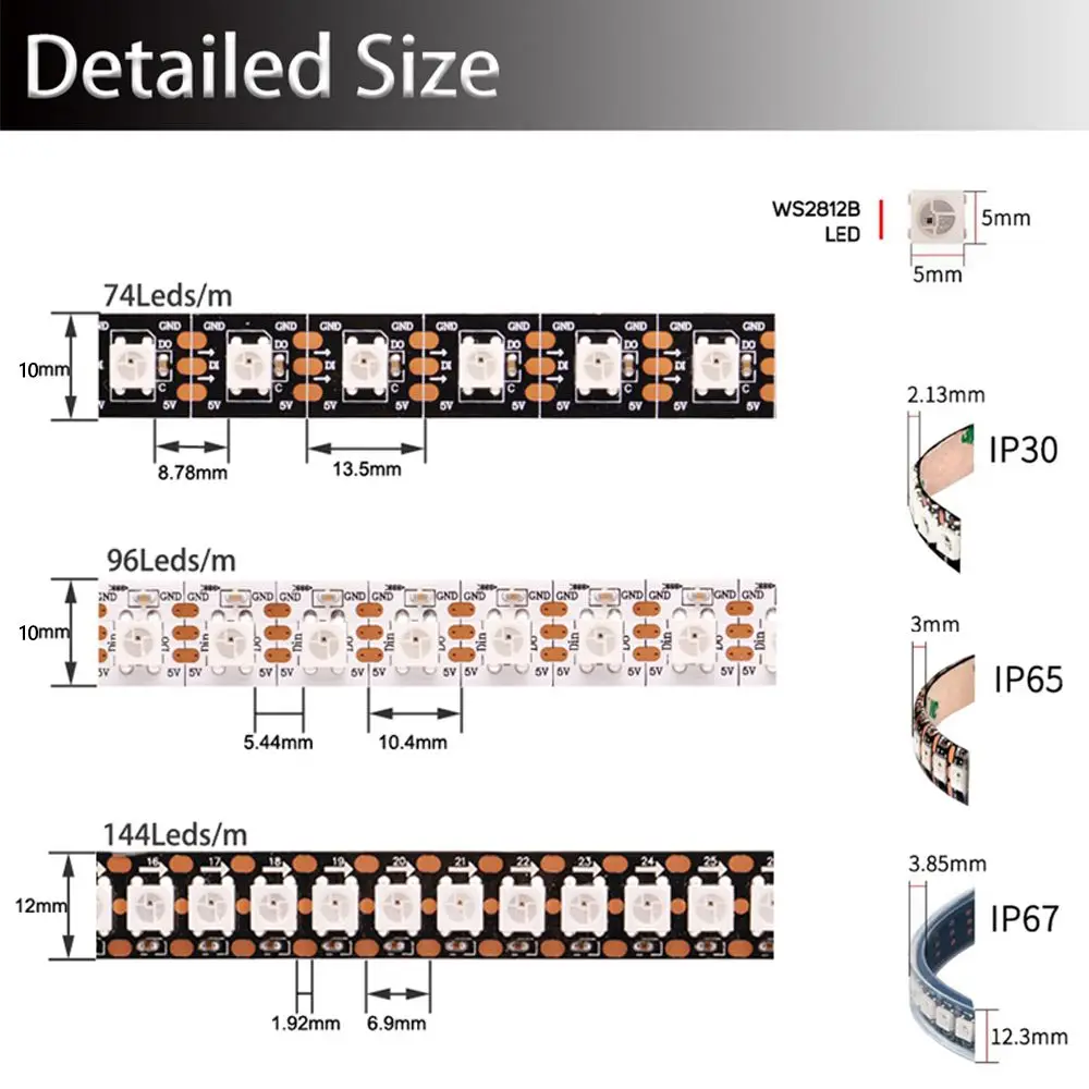 Faixa de LED inteligente endereçável individualmente, 5050RGB WS2812 Pixels Light, IP30/65/67, PCB Preto/Branco, DC5V, WS2812B, 74 LEDs/m, 144LEDs/m