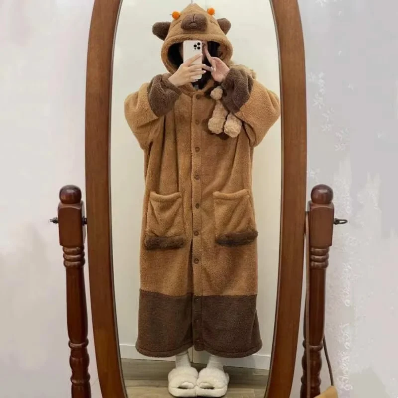 Cute Capybara Winter Pajama Cartoon Animal Soft Plush Jumpsuit For Adults Kawaii Velvet Pajama Night Robe Cosplay Suit Xmas Gift