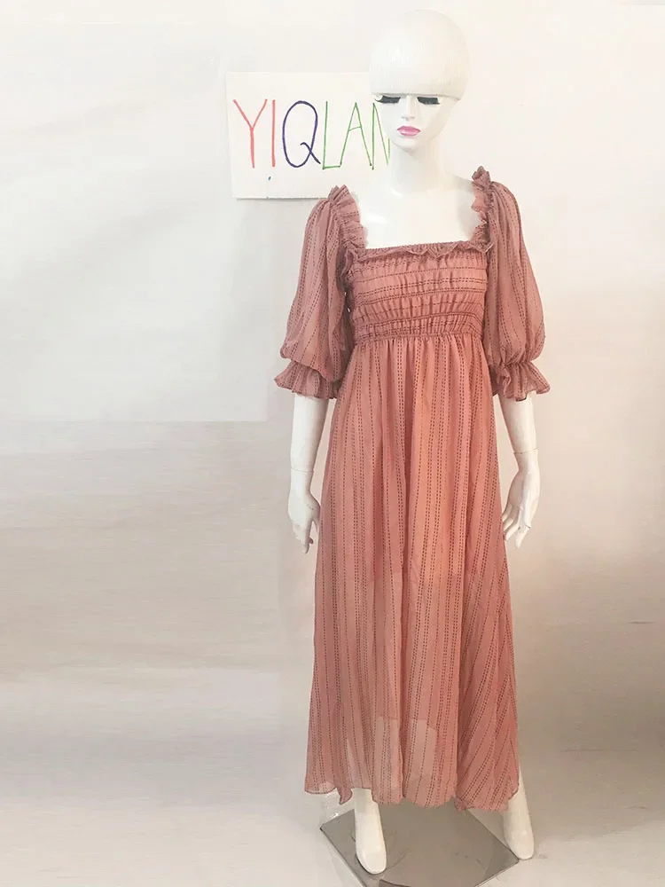 Summer Women\'s Dress New Square Collar Wooden Ear Bubble Sleeve Dress Korean Style Waist Slim Chiffon Female Dresses GX087