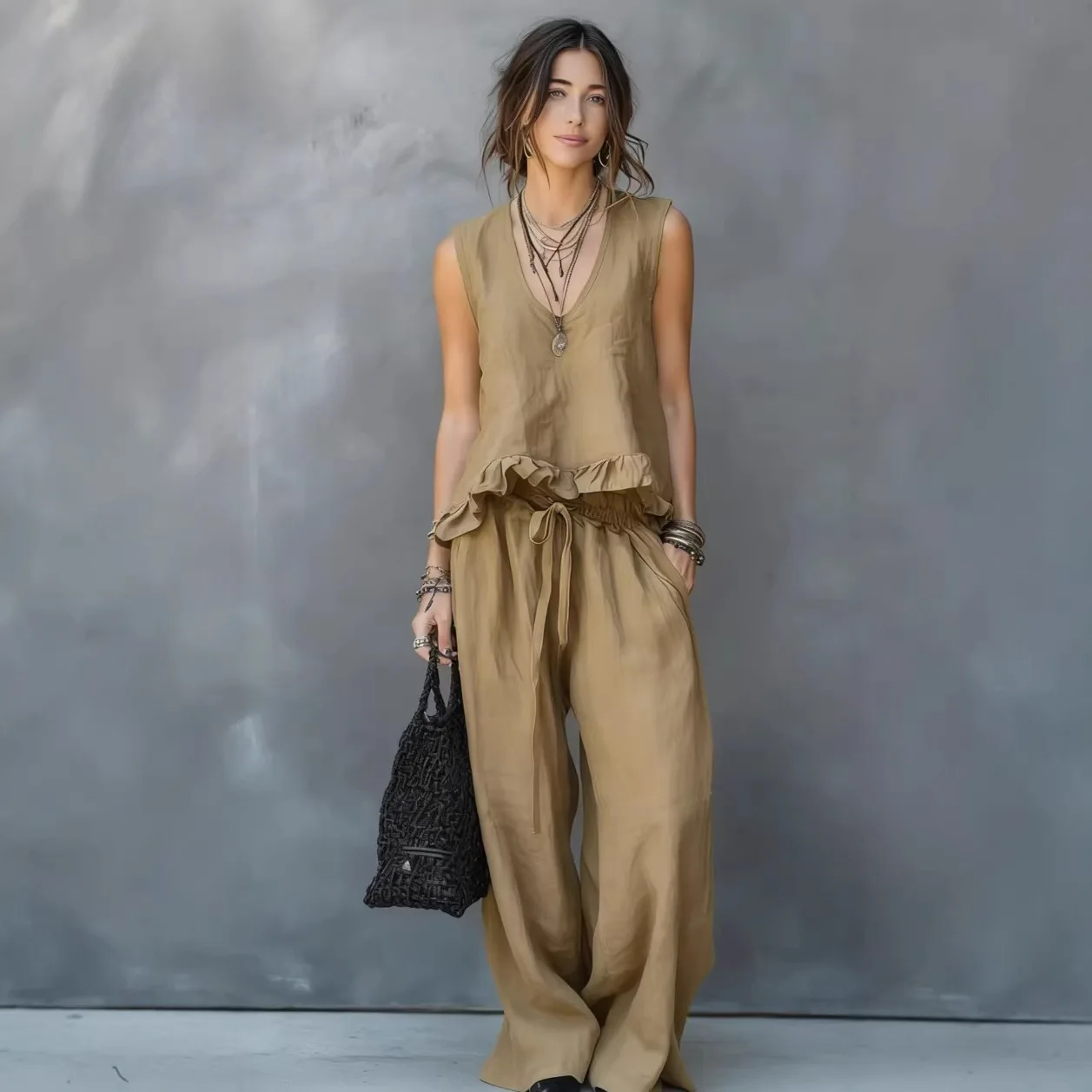Women Top Wide Leg Pants Suit V Neck Sleeveless Ruffles Tops Trousers 2 Piece Sets Lace Up Outfits Office Lady Summer Ensemble