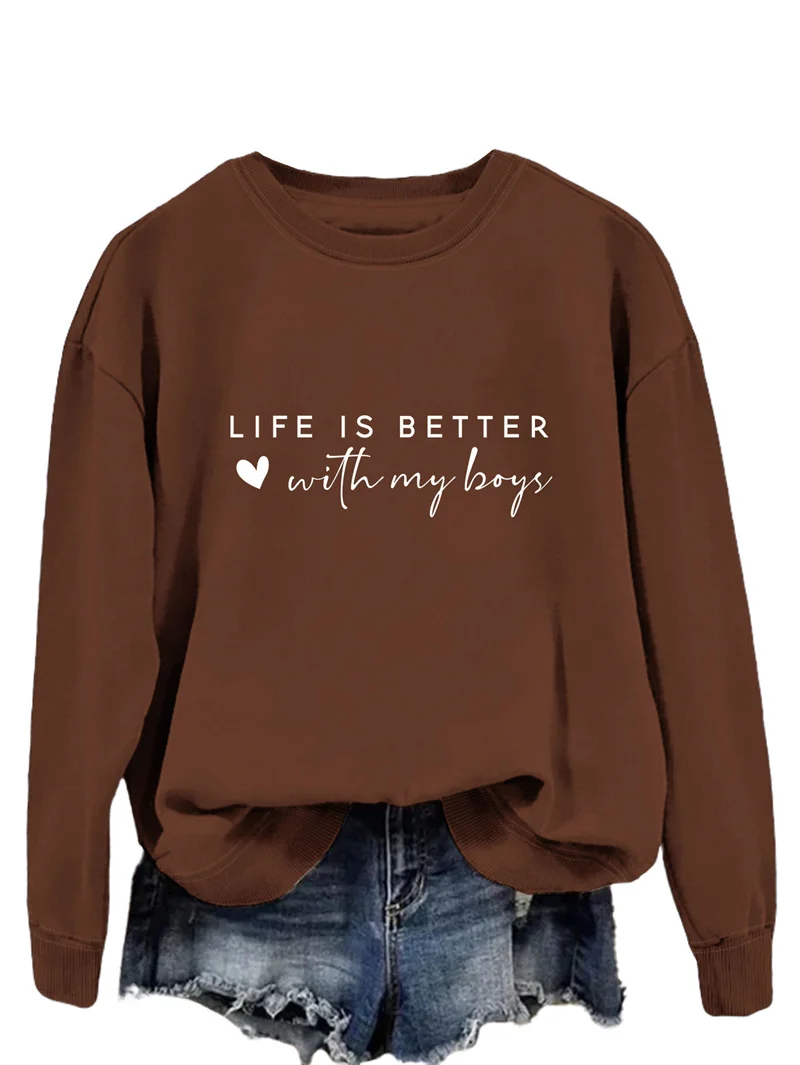New fashion autumn and winter cotton Life is better with my boys trend vintage crew-neck top long-sleeved hoodie