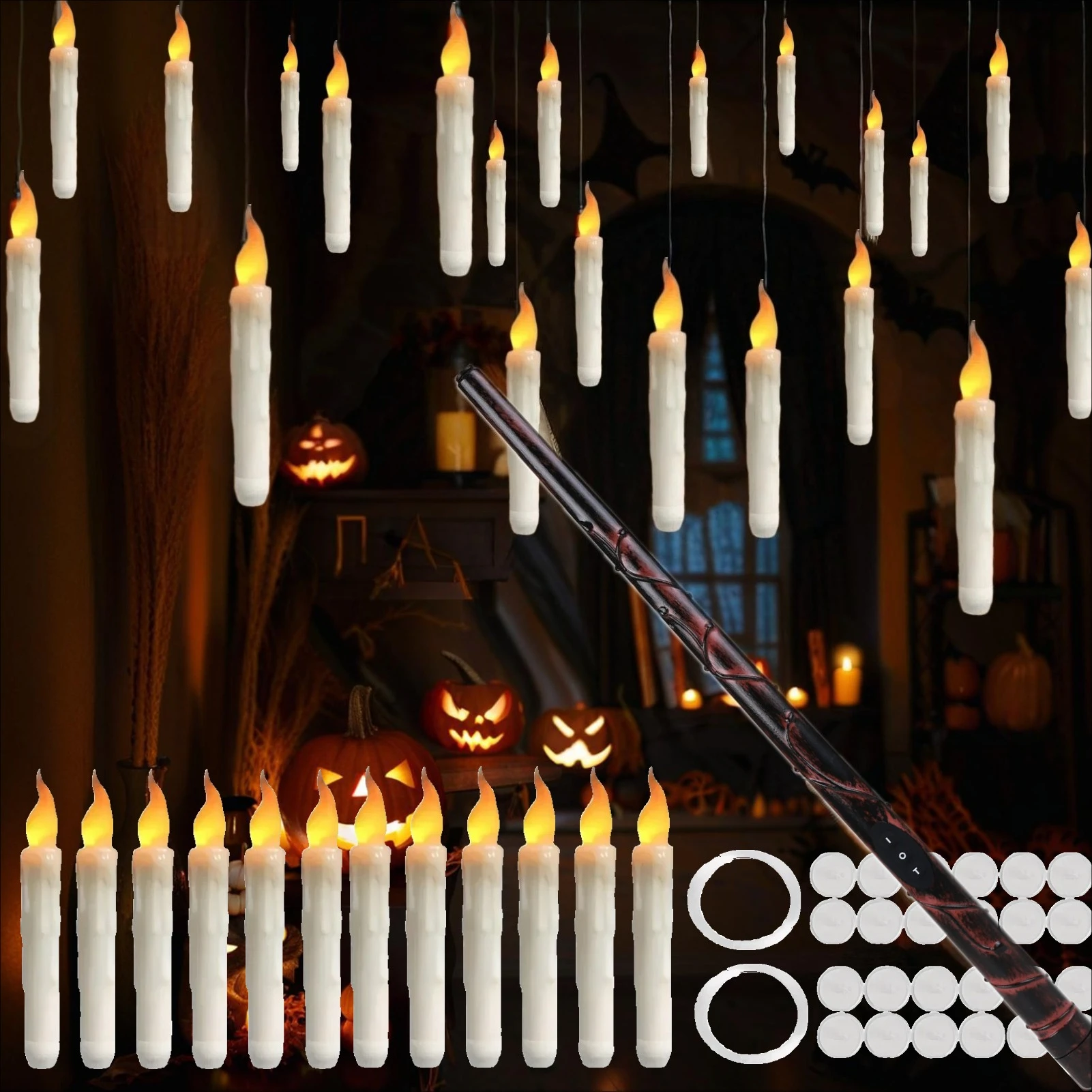 Pack of 12/24 Floating LED Candles with Magic Wand Remote Control Flameless Taper Candle Christmas Halloween Party Window Decor