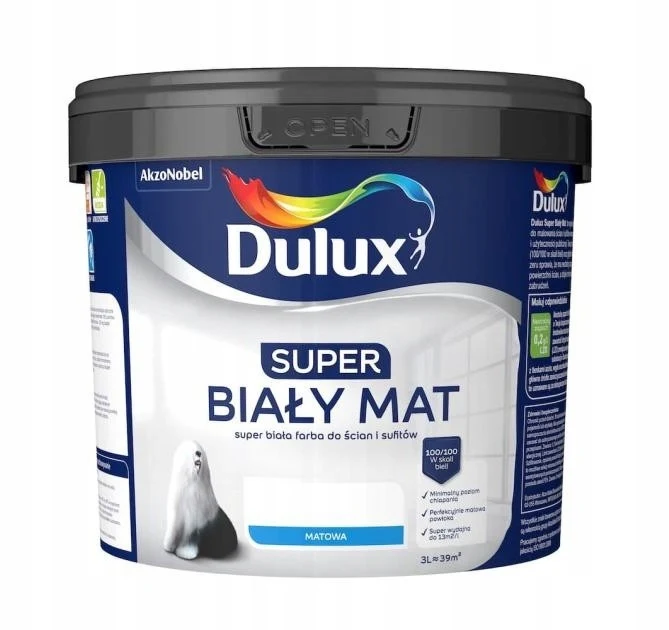 Dulux Super Acrylfarbe für Wände und Decken Weiß Matt 3L