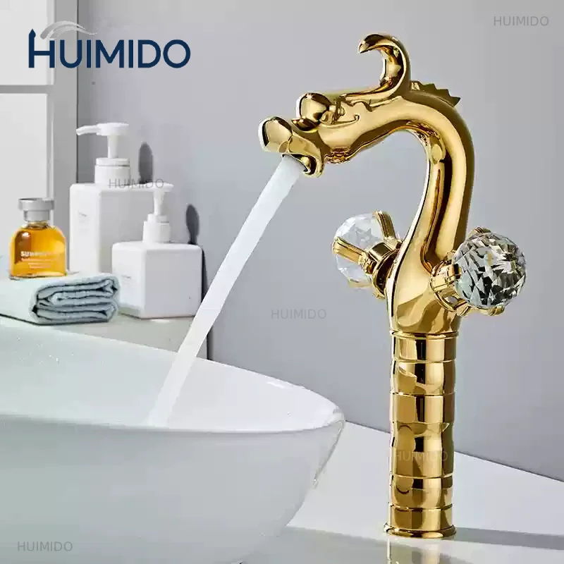 Gold Dragon Bathroom Faucet Copper Antique Bathroom Basin Faucet Cold & Hot BlackWater Mixer Sink Tap Double Handle Lavotory Tap