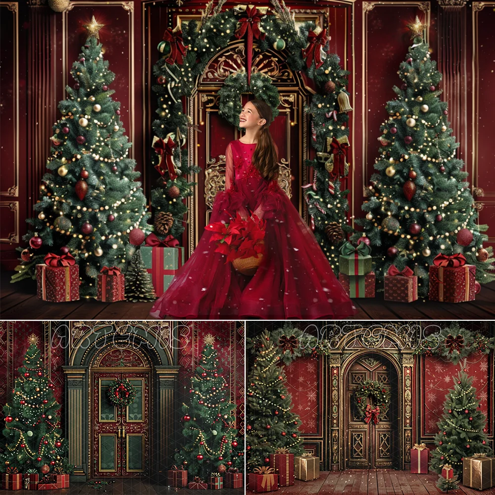 Christmas Photography Backdrop Vintage Ornate Door Presents Decoration Tree Dark Burgundy Wreath Greenery Baby Shower Background