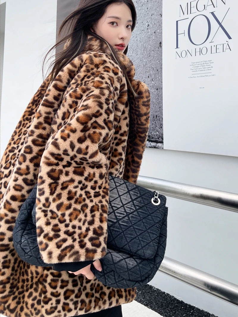 Abrigo de piel sintética con estampado de leopardo personalizado para mujer, chaqueta con solapa, ropa de calle, abrigos de invierno, promoción