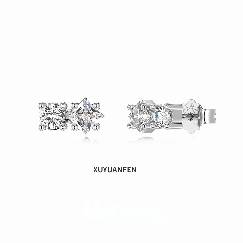 

XUYUANFEN Korean Edition New S925 Pure Silver Ear Stud Women's Small and Exquisite Double Main Stone Geometric Zircon Inlaid